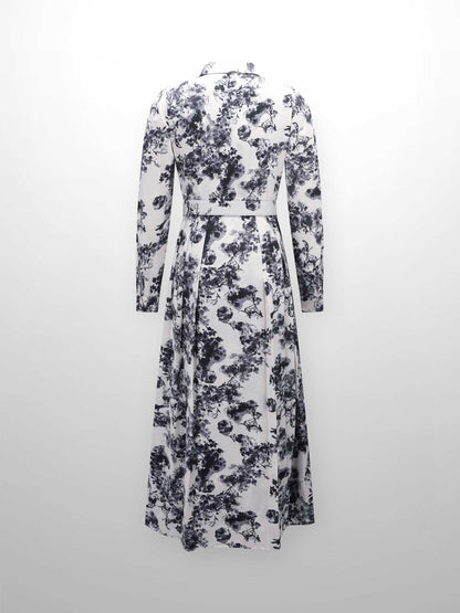 Belted Waist Pleat Shirtdress-Cream/Blue Floral-1