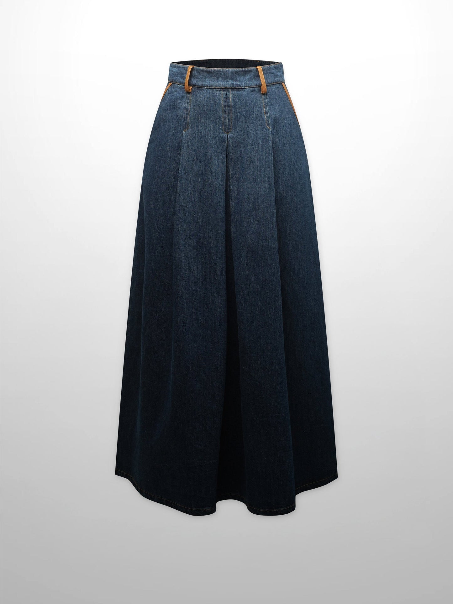 Leather Trim Denim Skirt-Blue-0