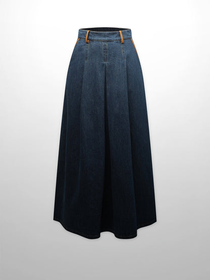 Leather Trim Denim Skirt-Blue-0