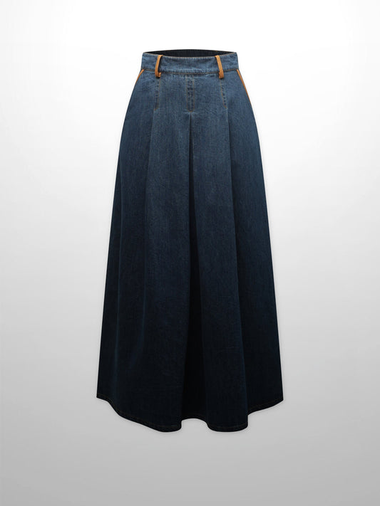 Leather Trim Denim Skirt-Blue-0