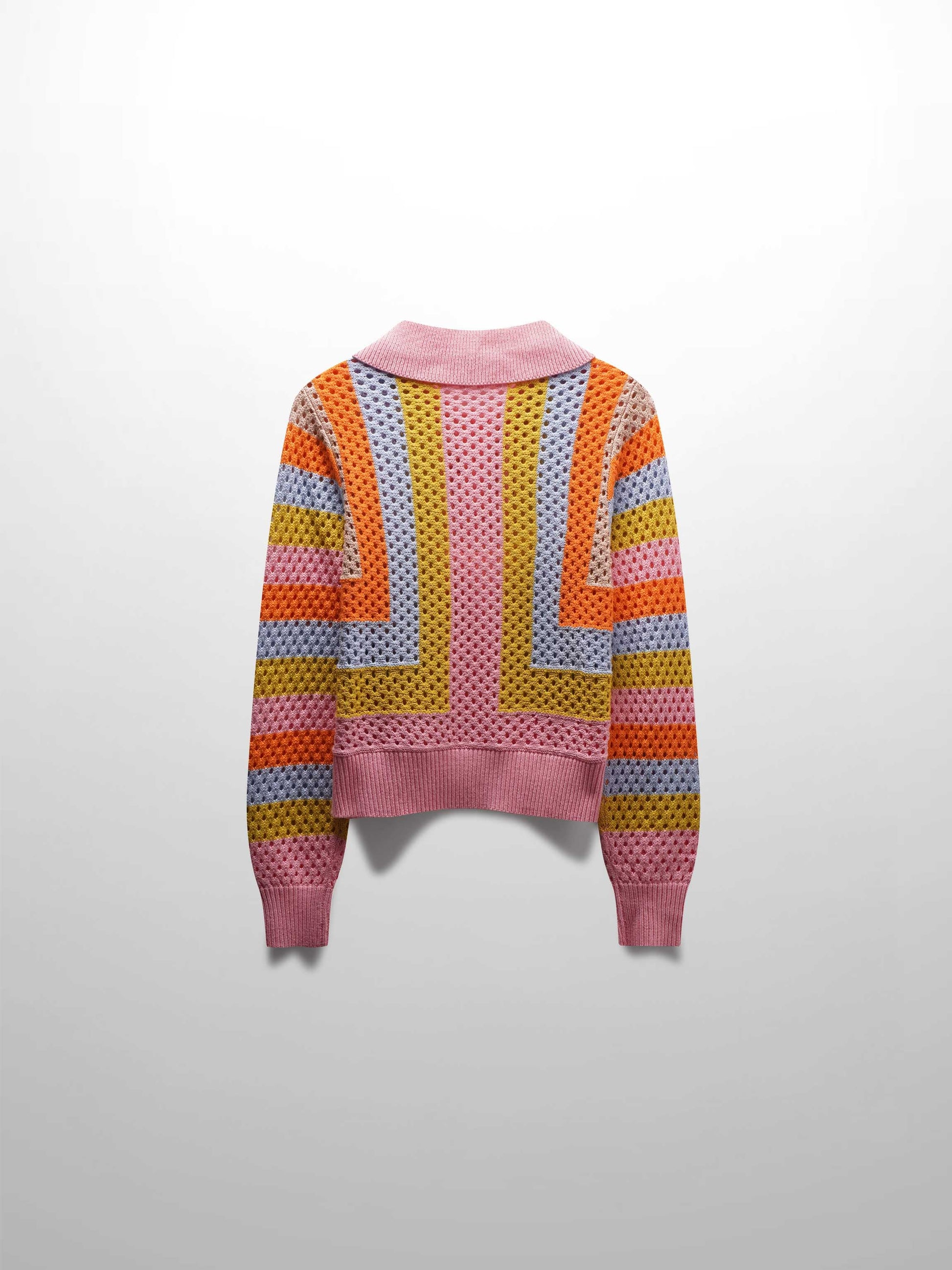 Mesh Striped Polo Sweater-Pink-1
