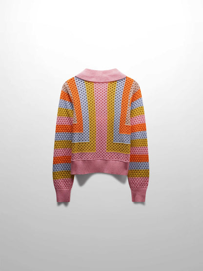 Mesh Striped Polo Sweater-Pink-1