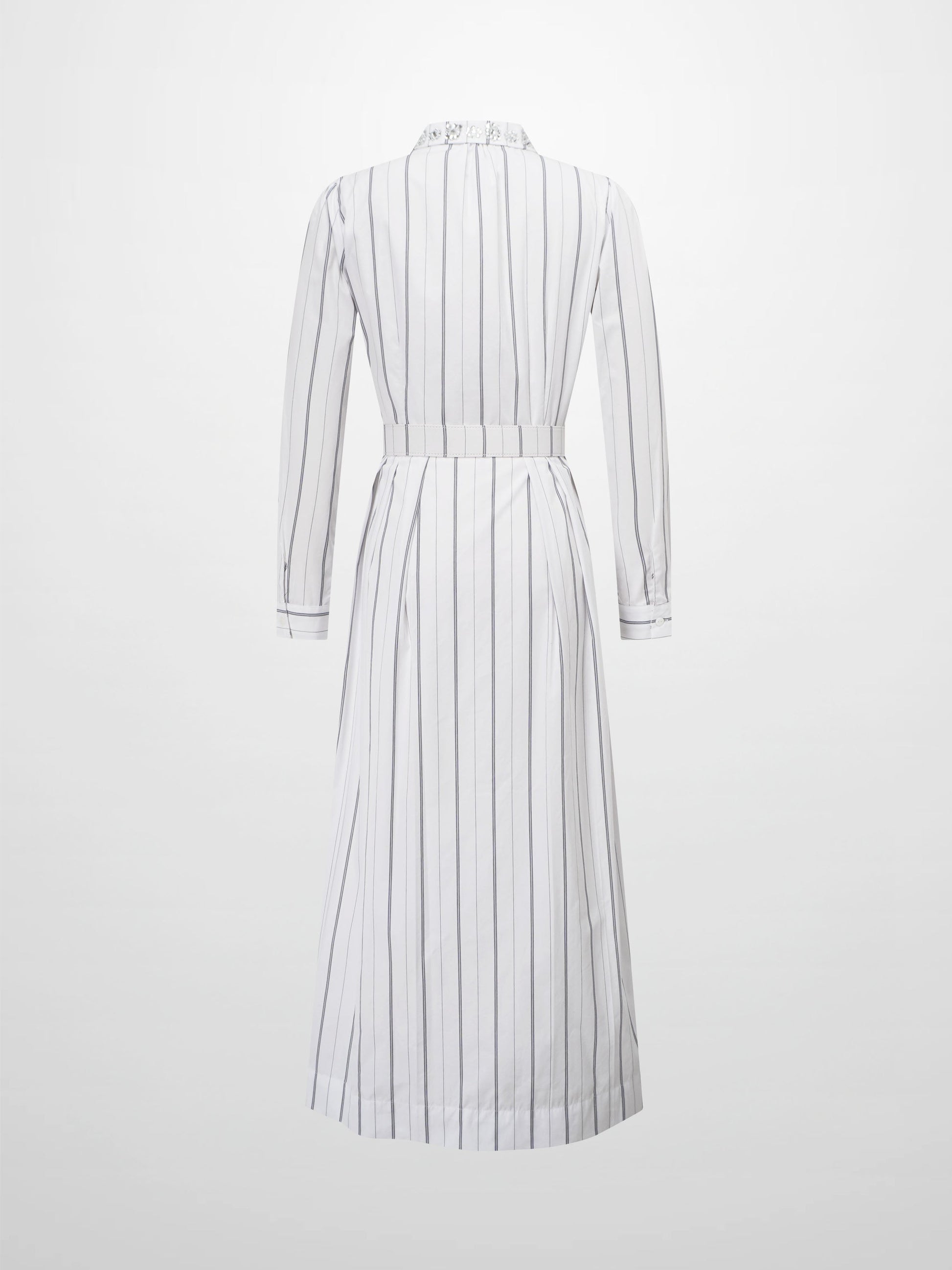 Jeweled Collar Belted Shirtdress-White Pinstripe-2