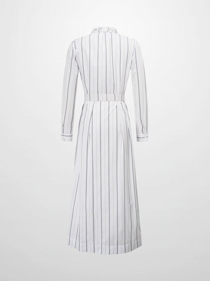Jeweled Collar Belted Shirtdress-White Pinstripe-2