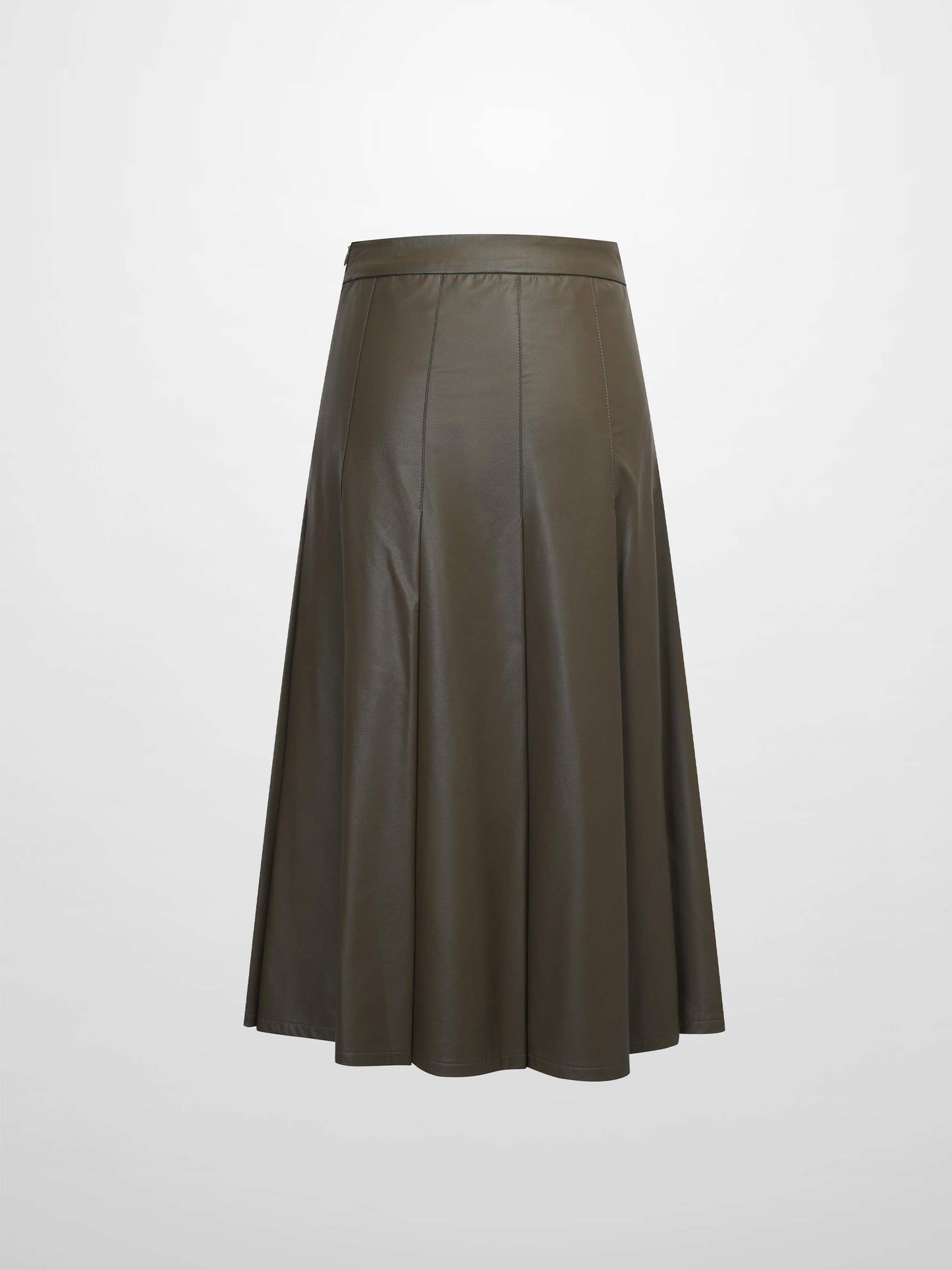 Faux Leather Stitch Down Pleated Skirt-Olive Green-2