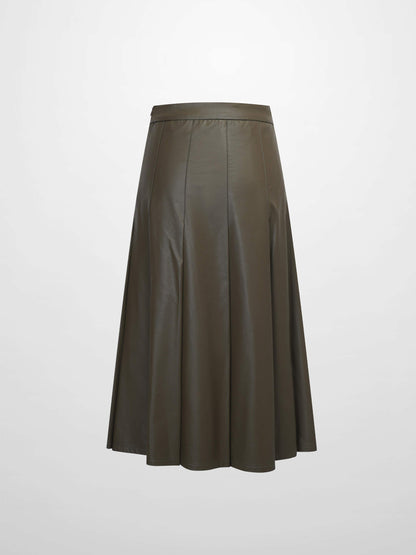 Faux Leather Stitch Down Pleated Skirt-Olive Green-2