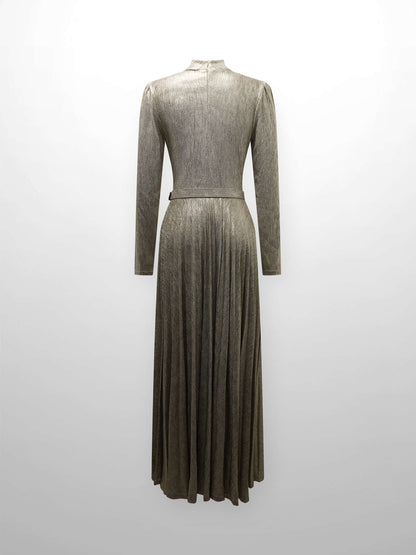 Shimmer Front Knot Pleat Dress 50"-Gold-2