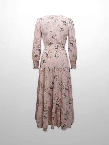 Collared Belted Tiered Dress-Vintage Floral-2