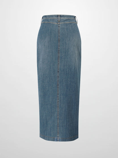 Front Kick Pleat Denim Skirt-Blue-2