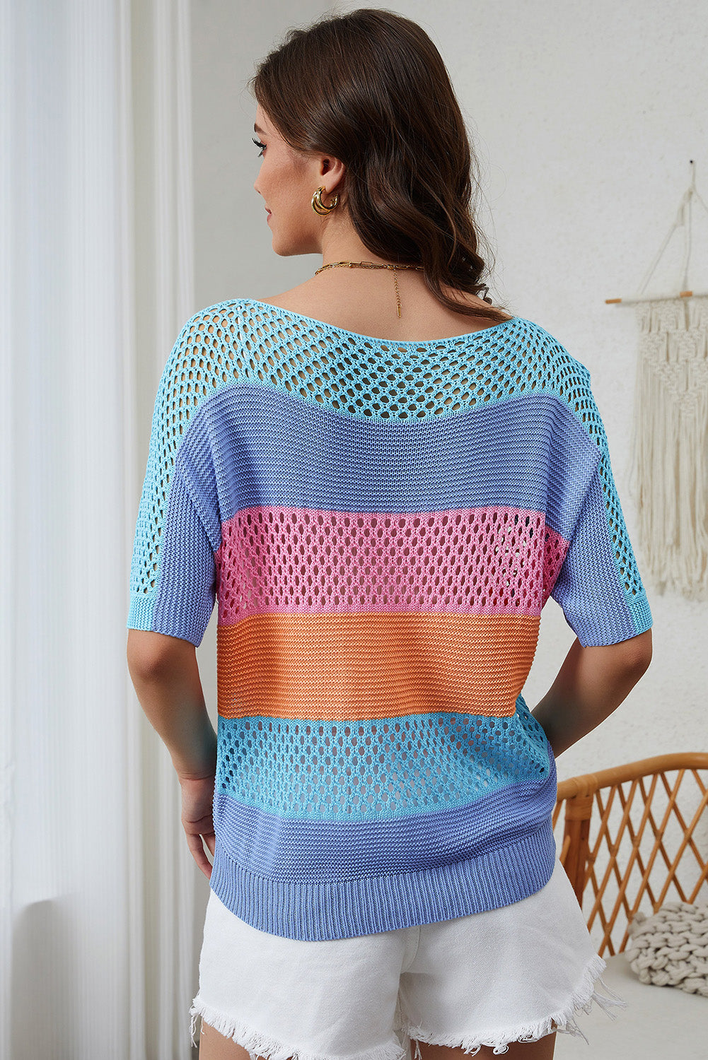 April Knitted Eyelet Colorblock Striped Half Sleeves Top-1