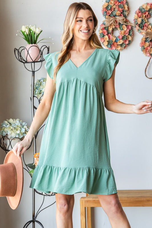 Heimish Full Size Short Sleeve V Neck Ruffled Hem Dress-0