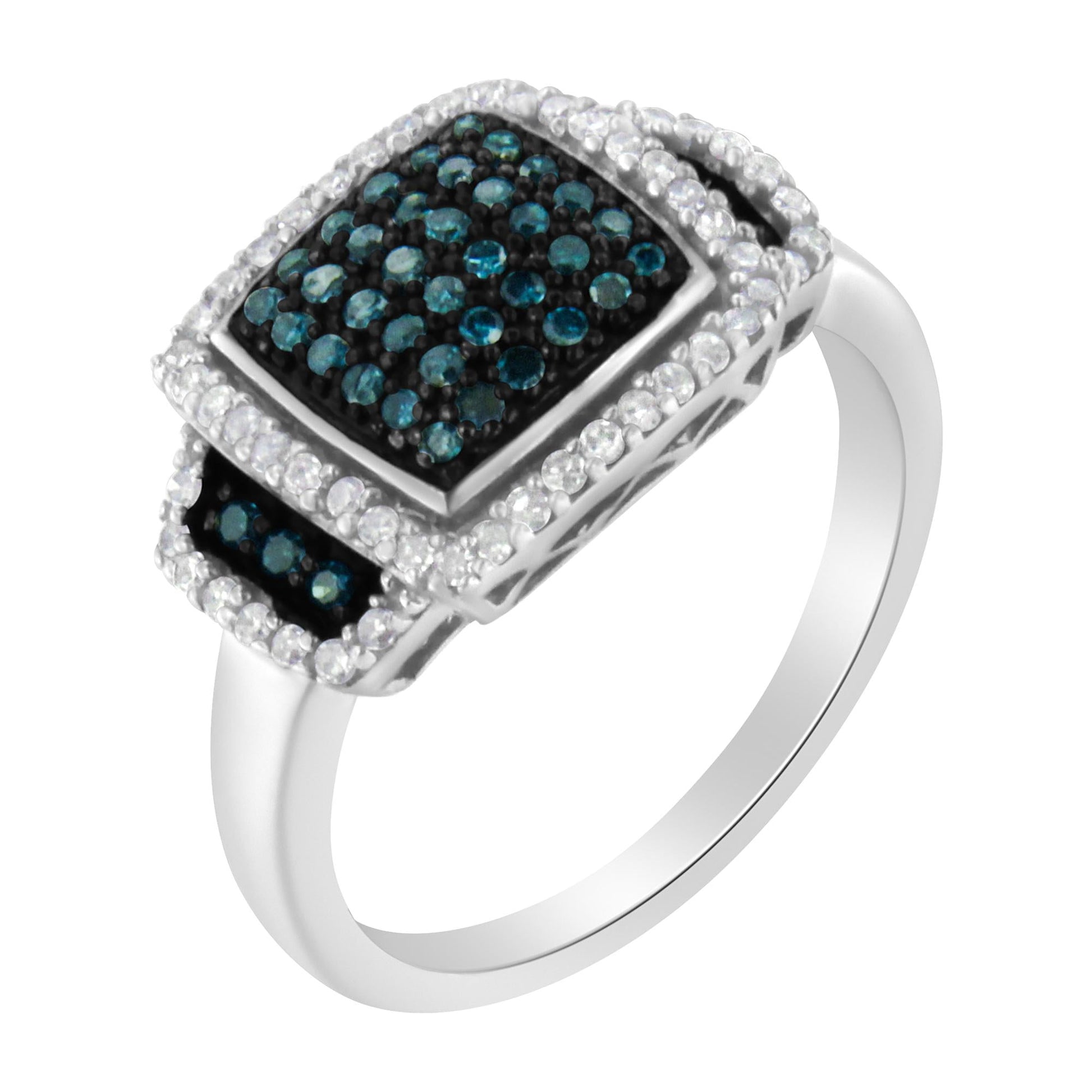 Black Rhodium Plated .925 Sterling Silver 1/2 Cttw White & Blue Diamond Square Halo Cocktail Ring (Fancy Blue & H-I Color, I2-I3 Clarity)-2