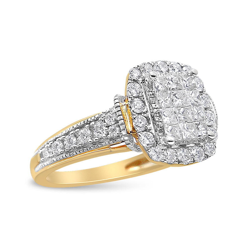 14K Yellow and White Gold 1.00 Cttw Princess and Round Cut Emerald Shaped Halo Diamond Cluster Ring (SI1-SI2 Clarity, H-I Color)-2