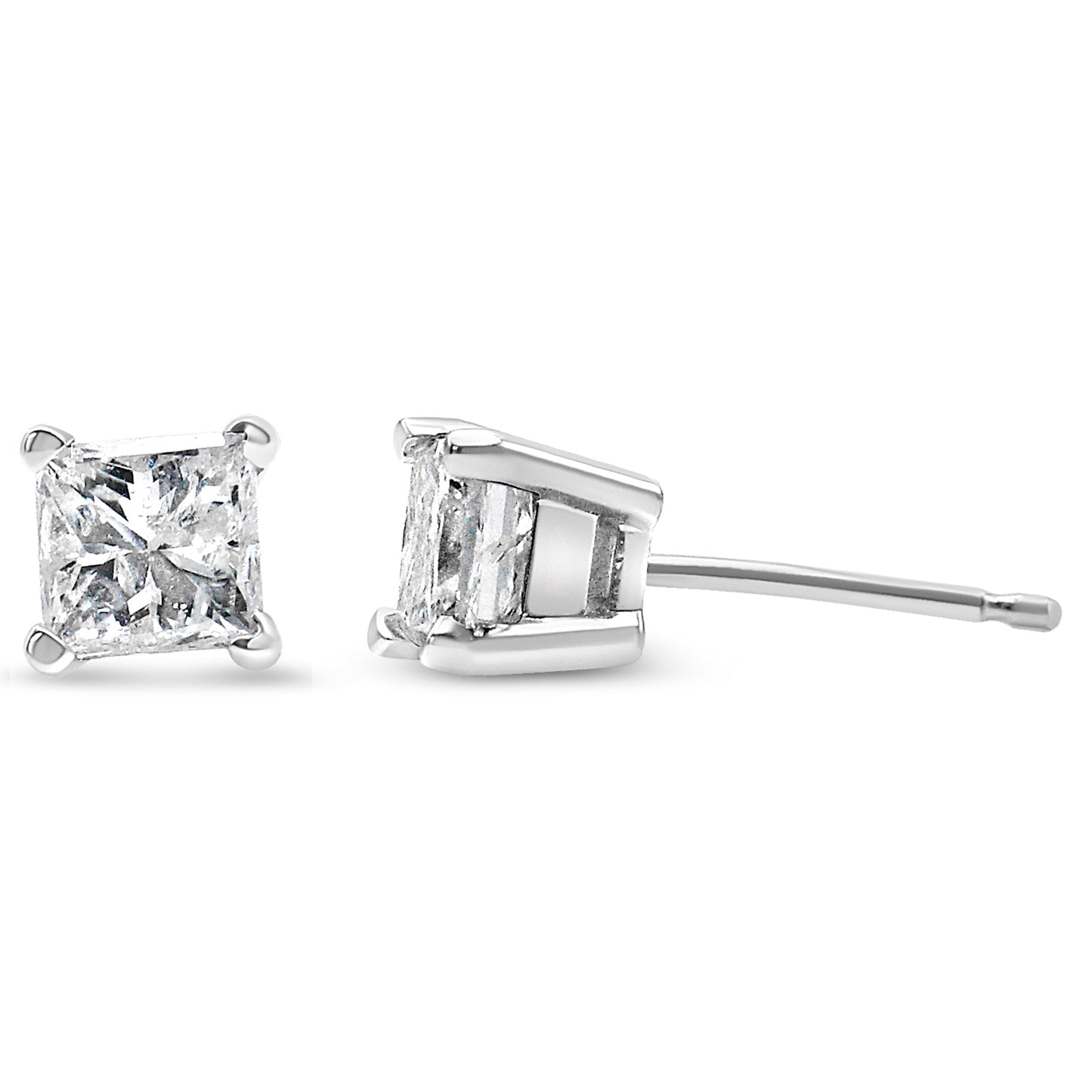 AGS Certified 14k White Gold 1.0 Cttw 4-Prong Set Princess-Cut Solitaire Diamond Push Back Stud Earrings for Women (E-F Color, I1-I2 Clarity)-2