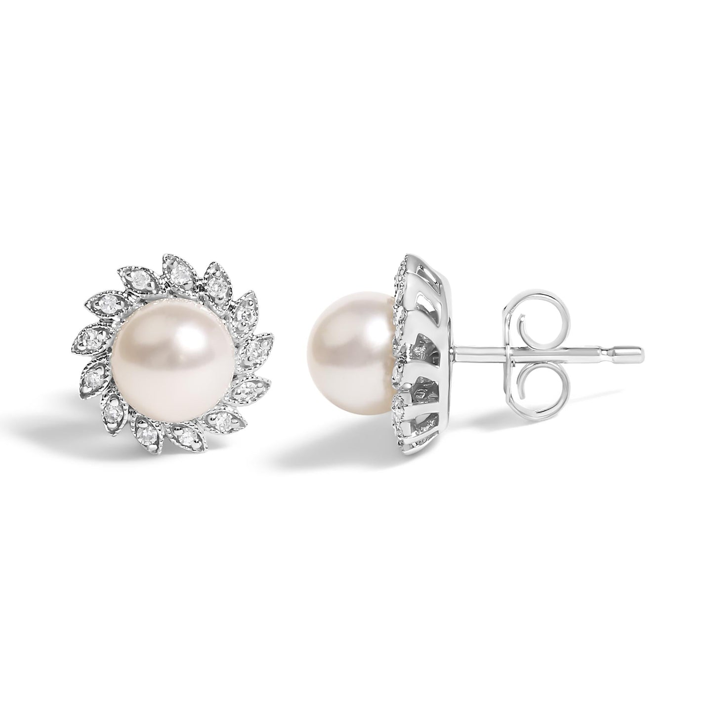 10K White Gold Heirloom-Style Pearl and Diamond Accent Halo Stud Earrings (I-J color, I1-I2 Clarity)-2