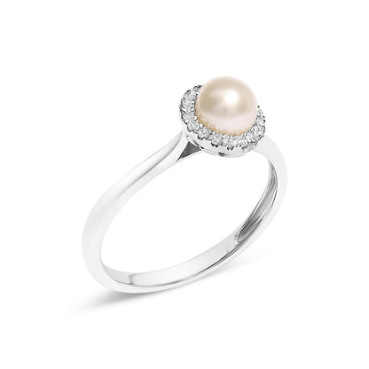 10K White Gold 5MM Cultured Freshwater Pearl  and Diamond Halo Ring (I-J Color, I1-I2 Clarity)-2