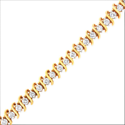 AGS Certified 18K Yellow Gold 5.00 Cttw "S" Link Wrapped 2-Prong Set Round Brilliant Diamond Tennis Bracelet (G-H Color, I1-I2 Clarity) - Size 7-2