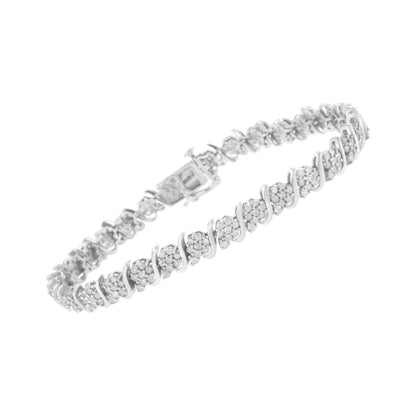 .925 Sterling Silver Diamond Floral Cluster Link Bracelet (2 3/4 cttw, I-J Color, I3 Clarity) - Size 7.25"-2