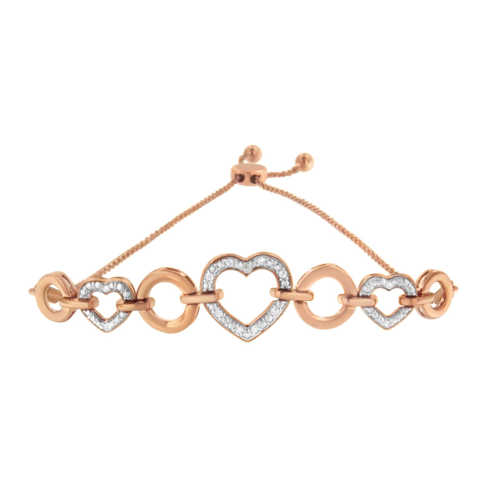 14K Rose Gold Plated .925 Sterling Silver Diamond Accent Circle and Heart Link Adjustable 6”-10” Bolo Bracelet (I-J Color, I3 Clarity)-2