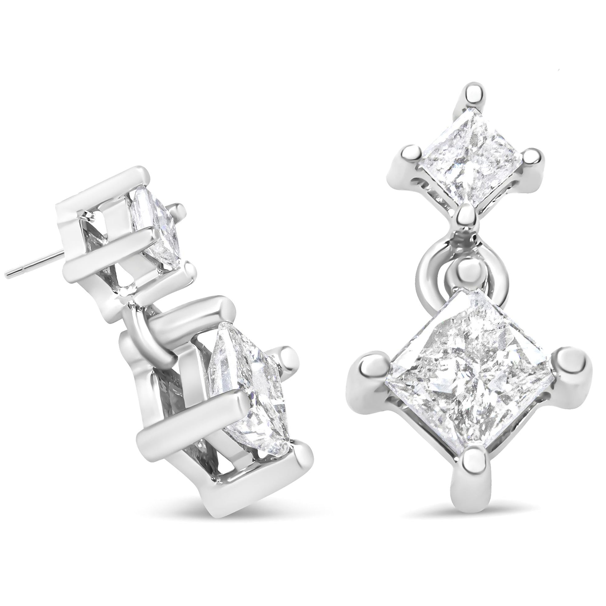 14K White Gold 3/8 Cttw Princess-Cut Diamond Double Dangle 2 Stone Stud Drop Earrings for Women (I-J Color, I2-I3 Clarity)-2