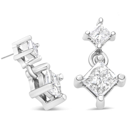 14K White Gold 3/8 Cttw Princess-Cut Diamond Double Dangle 2 Stone Stud Drop Earrings for Women (I-J Color, I2-I3 Clarity)-2