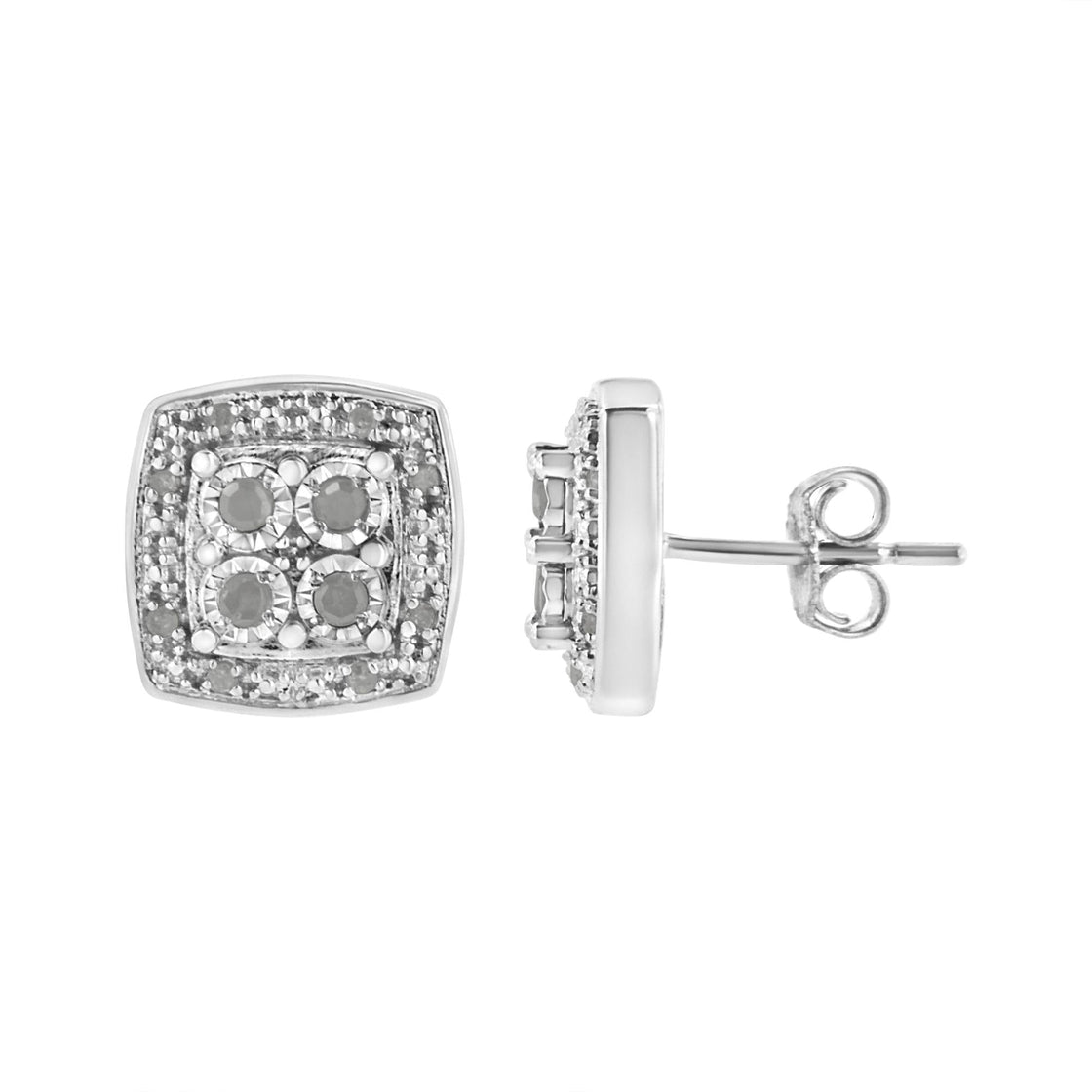 .925 Sterling Silver 1/4 cttw Round Cut Diamond Square Shape Milgrain Stud Earrings (I-J Color, I3 Clarity)-2