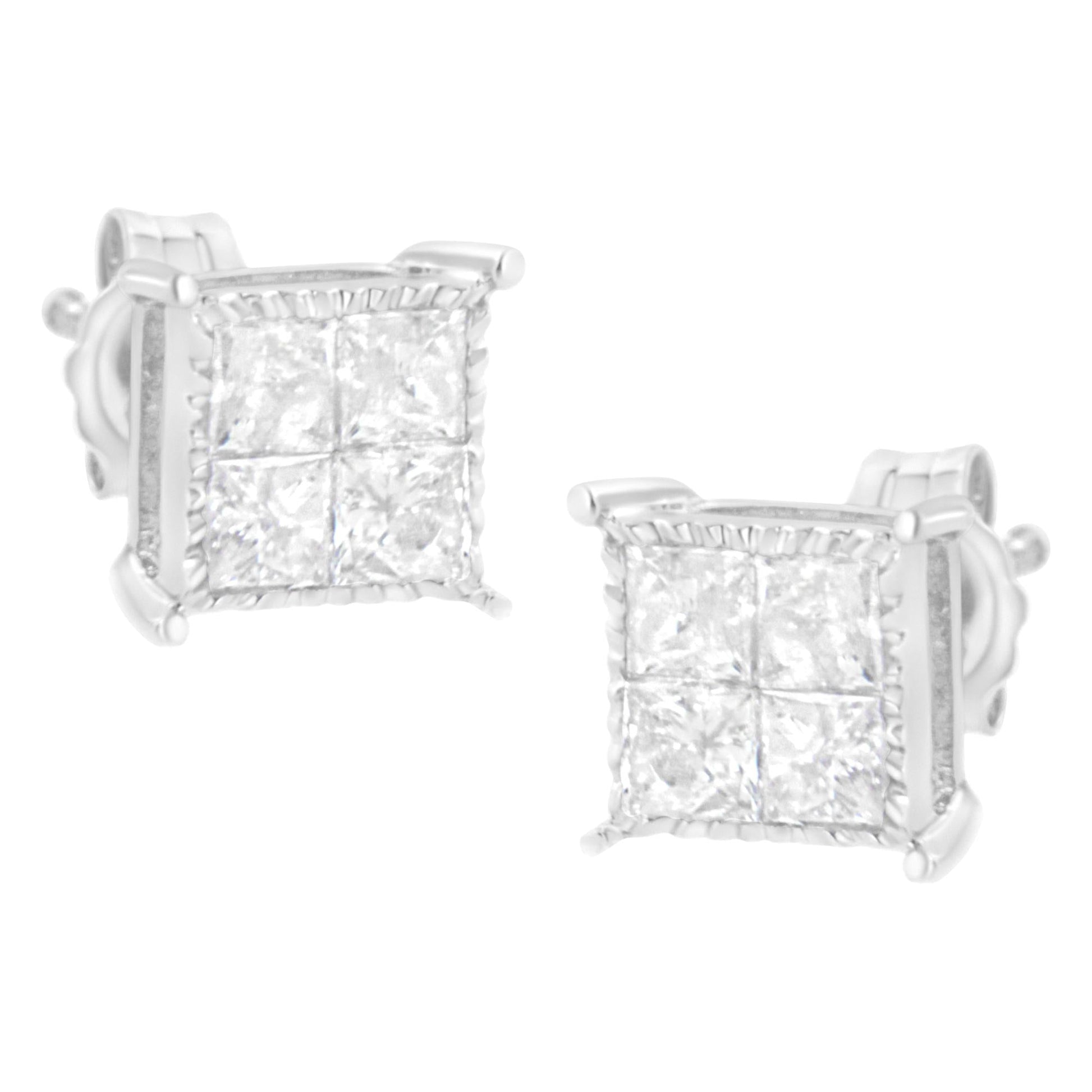 10K White Gold Square Earrings with Princess Cut Diamond (3/4 cttw, I-J Color, I2-I3 Clarity)-2