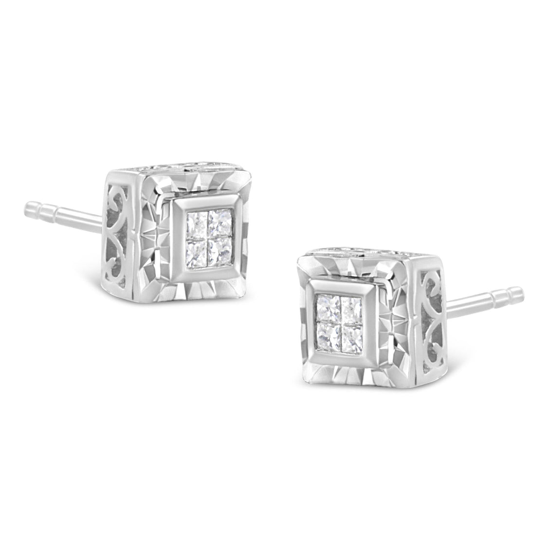 .925 Sterling Silver 1/6 Cttw Invisible Set Princess-Cut Diamond Quad Composite Stud Earrings (H-I Color, I1-I2 Clarity)-2