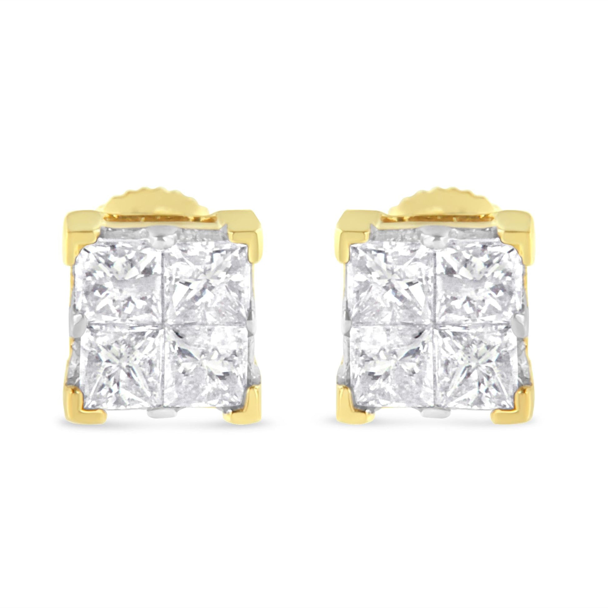 10K Yellow Gold 3/4 Cttw Invisible Set Princess-Cut Diamond Composite Square Stud Earrings (I-J Color, I2-I3 Clarity)-2