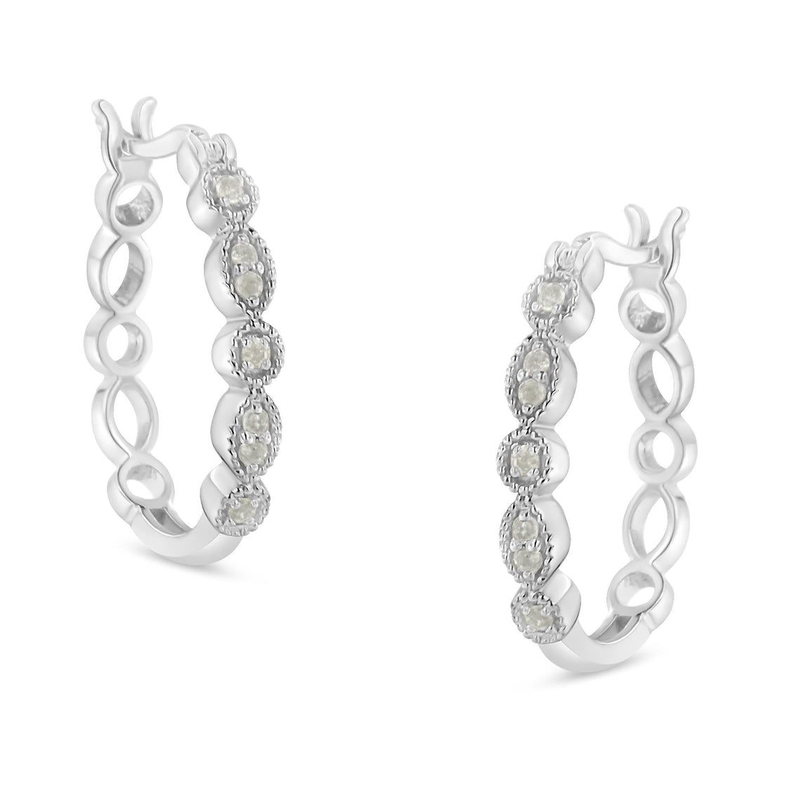 .925 Sterling Silver 1/6 cttw Diamond Milgrain Hoop Earring (I-J Color, I3 Clarity)-2