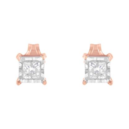 14K Rose Gold Plated Two-Tone .925 Sterling Silver 1/2 Cttw Princess-Cut Square Near Colorless Diamond Solitaire Miracle-Plate Stud Earrings (J-K Color, I2-I3 Clarity)-2