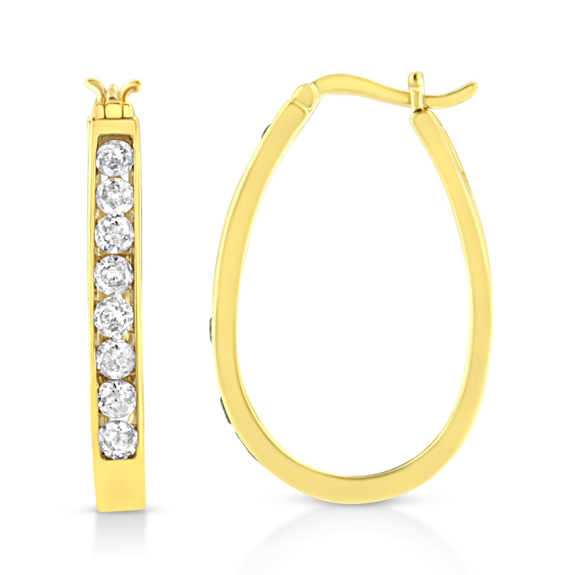 14k Yellow Gold Plated .925 Sterling Silver 1.0 Cttw Channel Set Brilliant Round Cut Diamond Hoop Earrings (J-K Color, I2-I3 Clarity)-2