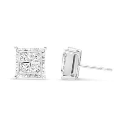 14K White Gold 1 1/2 Cttw Invisible Set Princess-Cut Diamond Contemporary Wavy Quad Stud Earrings (I-J Color, I1-I2 Clarity)-2