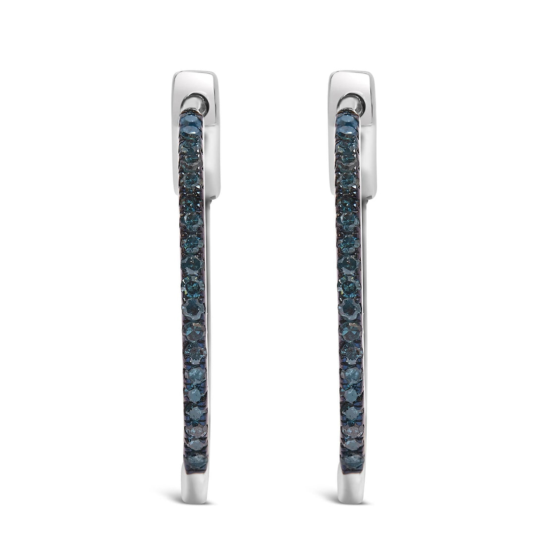 .925 Sterling Silver 1/3 Cttw Inside Out Blue Treated Diamond 1MM Wide Hoop Earrings (Blue Color, I2-I3 Clarity)-2
