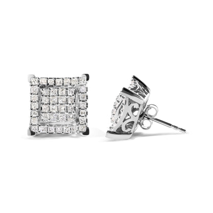 10K White Gold 1 1/4 Cttw Princess Diamond Composite Double Square and Halo Stud Earrings (I-J Color, I1-I2 Clarity)-2