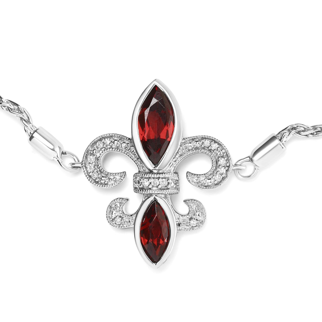 .925 Sterling Silver Marquise Garnet  and Diamond Accent Lariat 4”-10” Fleur De Lis Adjustable Bolo Bracelet (H-I Color, SI1-SI2 Clarity)-2