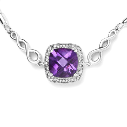 .925 Sterling Silver 10mm Cushion Cut Amethyst Gemstone and Diamond Accent Lariat 4”-10” Adjustable Bolo Bracelet (H-I Color, SI1-SI2 Clarity)-2