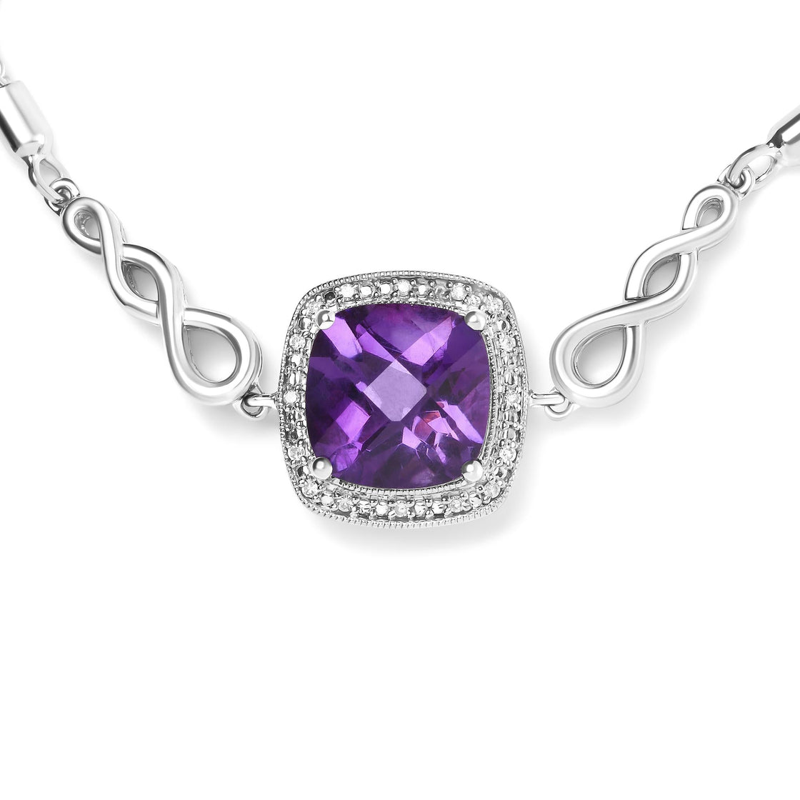 .925 Sterling Silver 10mm Cushion Cut Amethyst Gemstone and Diamond Accent Lariat 4”-10” Adjustable Bolo Bracelet (H-I Color, SI1-SI2 Clarity)-2