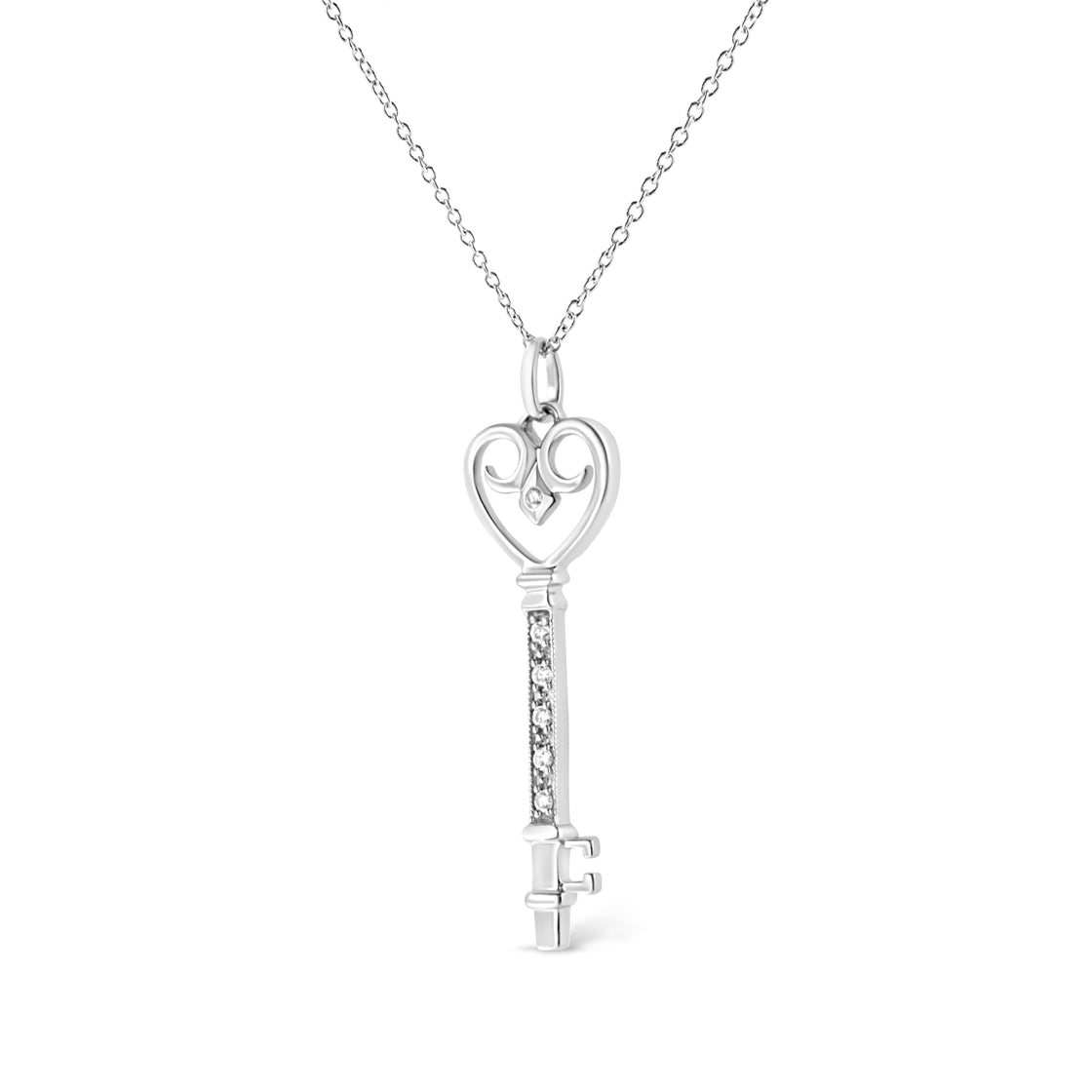 .925 Sterling Silver Pave and Bezel-Set Diamond Accent Key 18" Heart and Lock Pendant Necklace (K-L Color, I1-I2 Clarity)-2