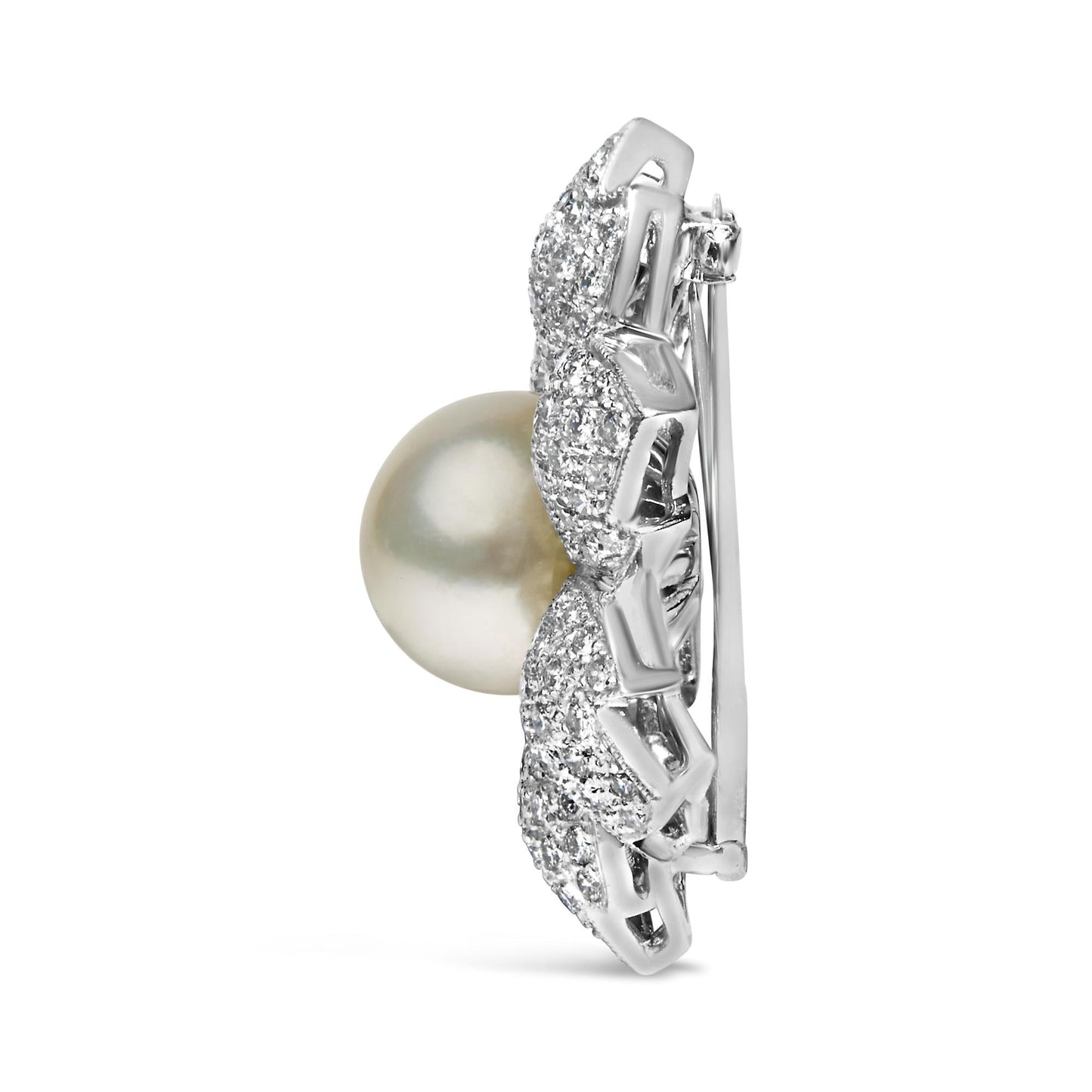 18K White Gold 2 3/4 Cttw Diamond and 12.5 MM Cultured Freshwater Pearl Floral Brooch Pin (G-H Color, VS1-VS2 Clarity)-2