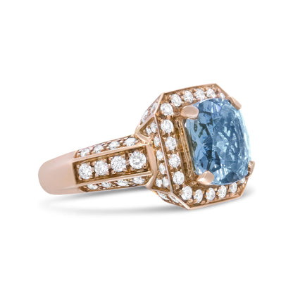 18K Rose Gold 10x10mm Cushion Shaped Aquamarine and 1 1/8 Cttw Round Diamond Halo Ring (F-G Color, VS1-VS2 Clarity)-2