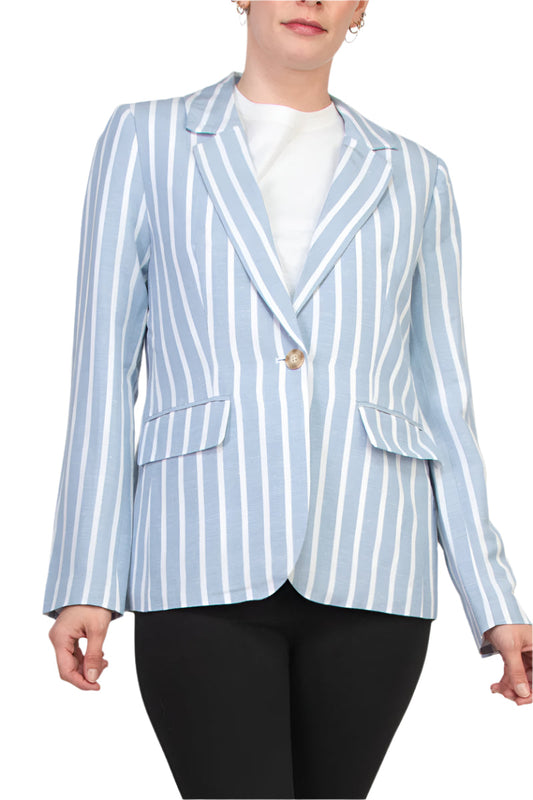 Philosophy One Button Closure Stripe Pattern Notched Collar Long Sleeve Linen Cotton Blend Blazer-0