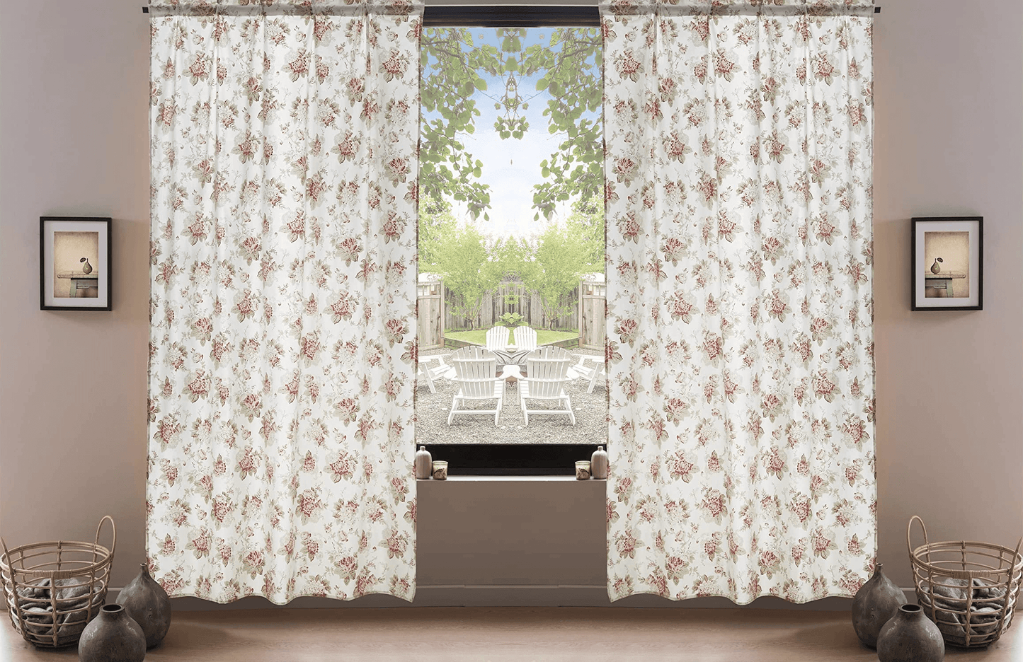 DaDa Bedding Set of 2-Pieces Hint of Mint Dainty Floral Pink Roses Cottage Sheer Window Panel Curtains (JHW3036)-0
