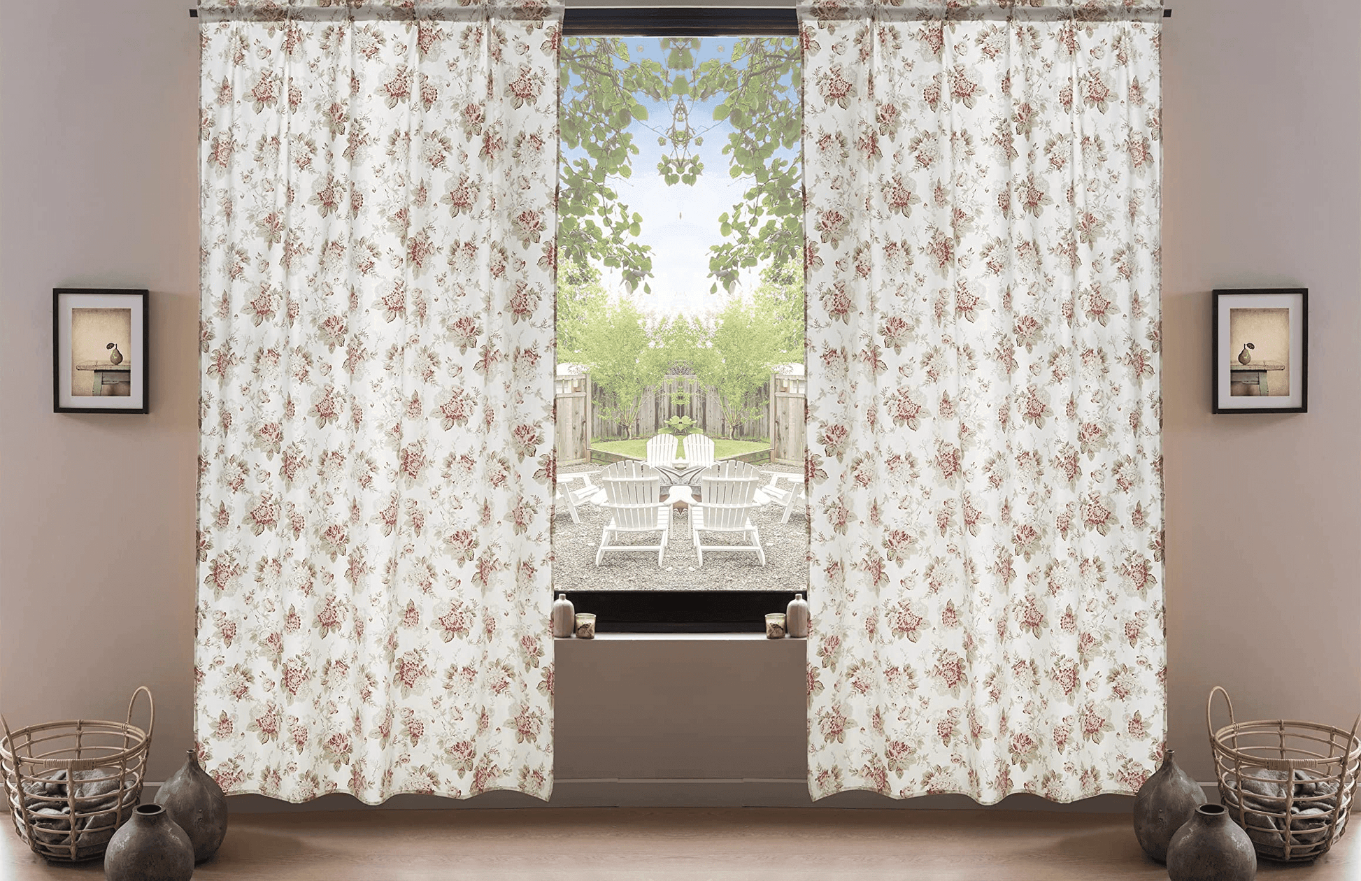 DaDa Bedding Set of 2-Pieces Hint of Mint Dainty Floral Pink Roses Cottage Sheer Window Panel Curtains (JHW3036)-0