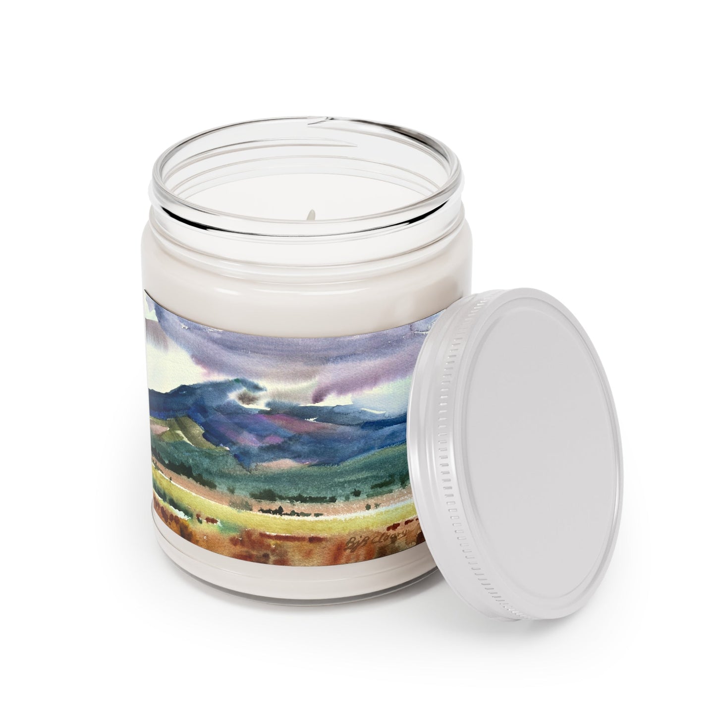 9oz Eco-Friendly Scented or Unscented Soy Wax Candle Jar with 'Tranquil Mountain View 2' Artwork by American Artist Barbara Cleary-2
