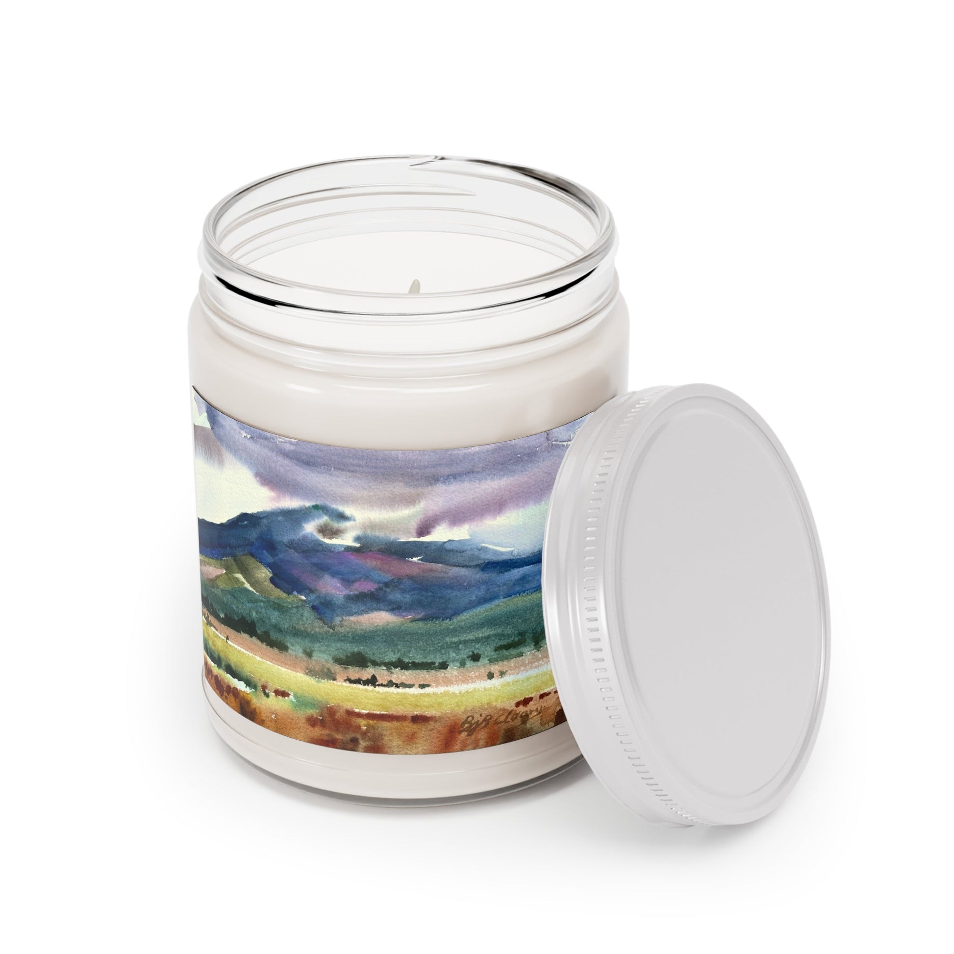 9oz Eco-Friendly Scented or Unscented Soy Wax Candle Jar with 'Tranquil Mountain View 2' Artwork by American Artist Barbara Cleary-2