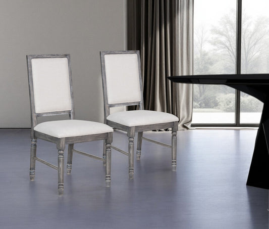 Set of Two Cream and Gray Upholstered Linen Dining Side Chairs-0