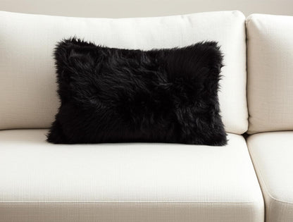12" X 20" Black Sheepskin Lumbar Throw Pillow-0