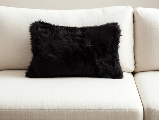 12" X 20" Black Sheepskin Lumbar Throw Pillow-0