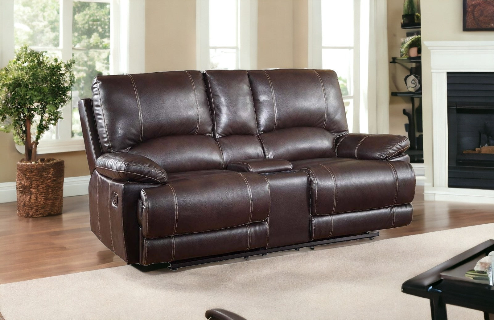 76" Brown Faux Leather Manual Reclining Love Seat With Storage-1